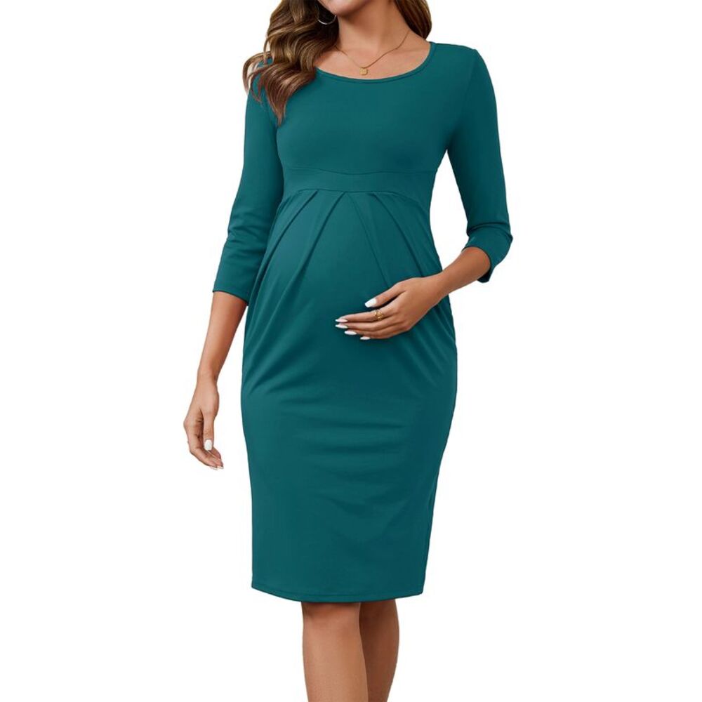 Maternity Cocktail Semi Formal 3/4 Sleeves Front Pleated Dress Peacock Blue
